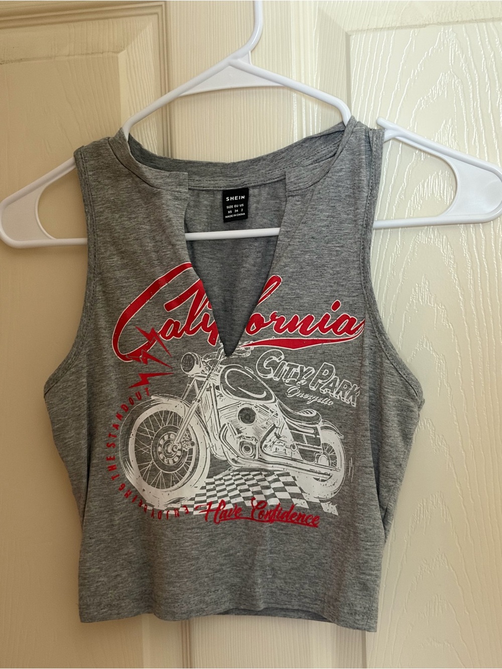 SHEIN Gray Tank Top with Red & White Motorcycle Graphic